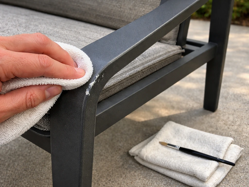 Close-up of a powder-coated steel patio chair with chips and scratches, a hand wiping the edge carefully.