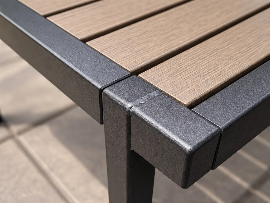 Close-up of a patio chair’s welded frame and thick slats with clean, gap-free finish lines