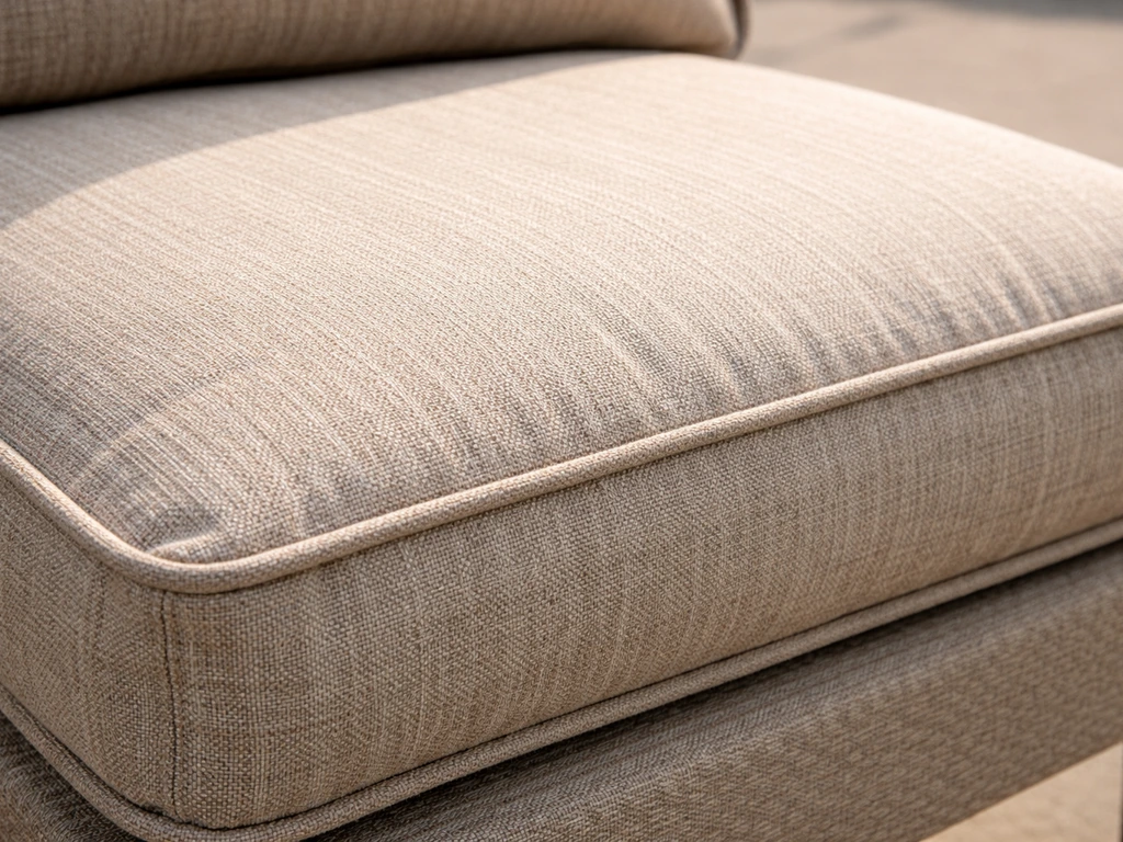 Close-up of upholstered chair cushion fabric texture and padded construction in natural light