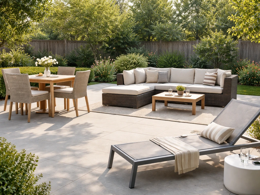 Bright patio with assorted furniture pieces—dining set, sectional, and lounge chair—neatly staged outdoors.