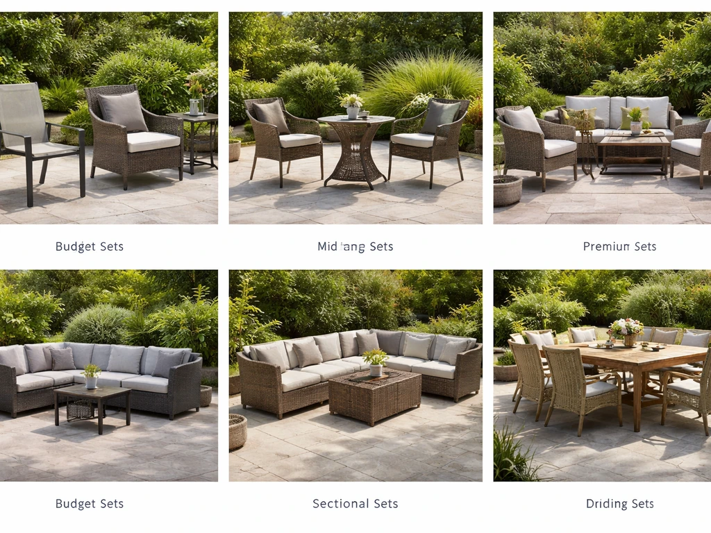 Side-by-side patio furniture sets showing budget, mid-range, and premium styling across five set types.