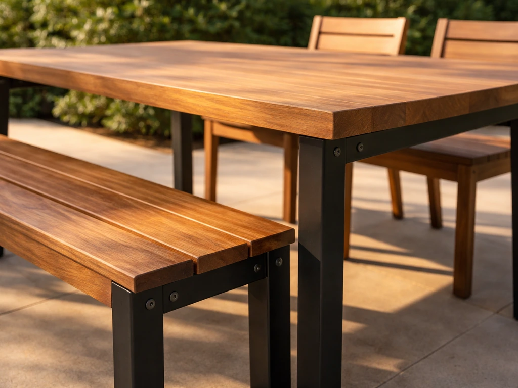 Teak patio dining set highlighting warm wood grain and smooth powder-coated hardware, no people.