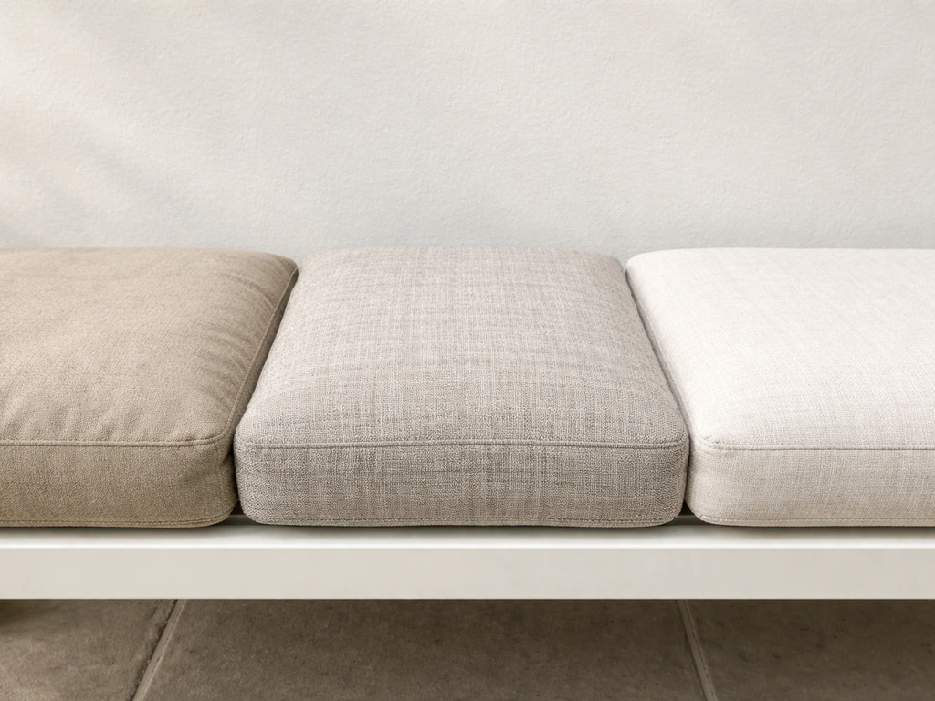 Three outdoor cushions side by side showing budget, mid-range, and premium fabric quality.