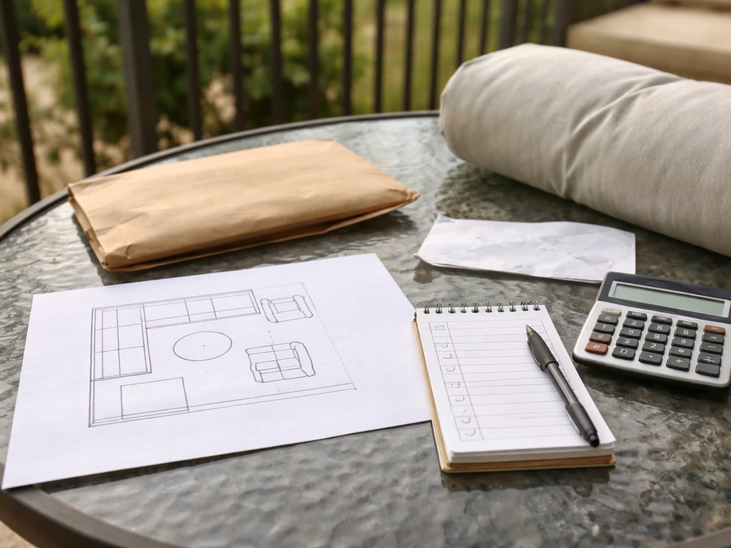 Patio outdoor seating plan with set price and expenses checklist props plus calculator on a table