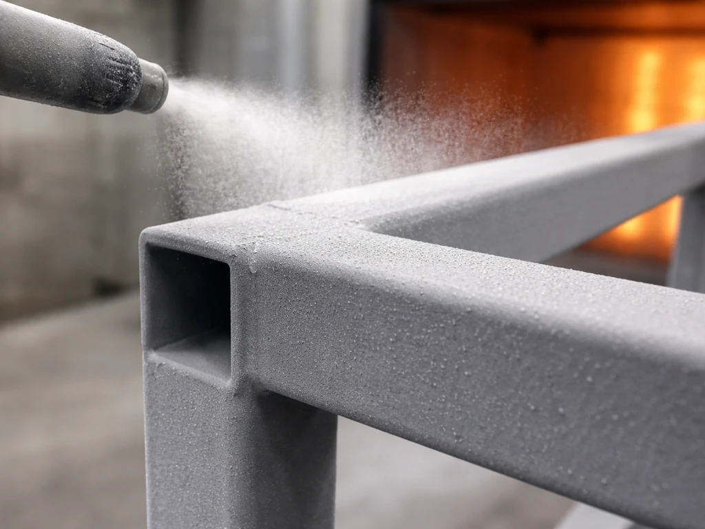 Close-up of dry powder coating on a steel frame with a soft oven glow behind it.