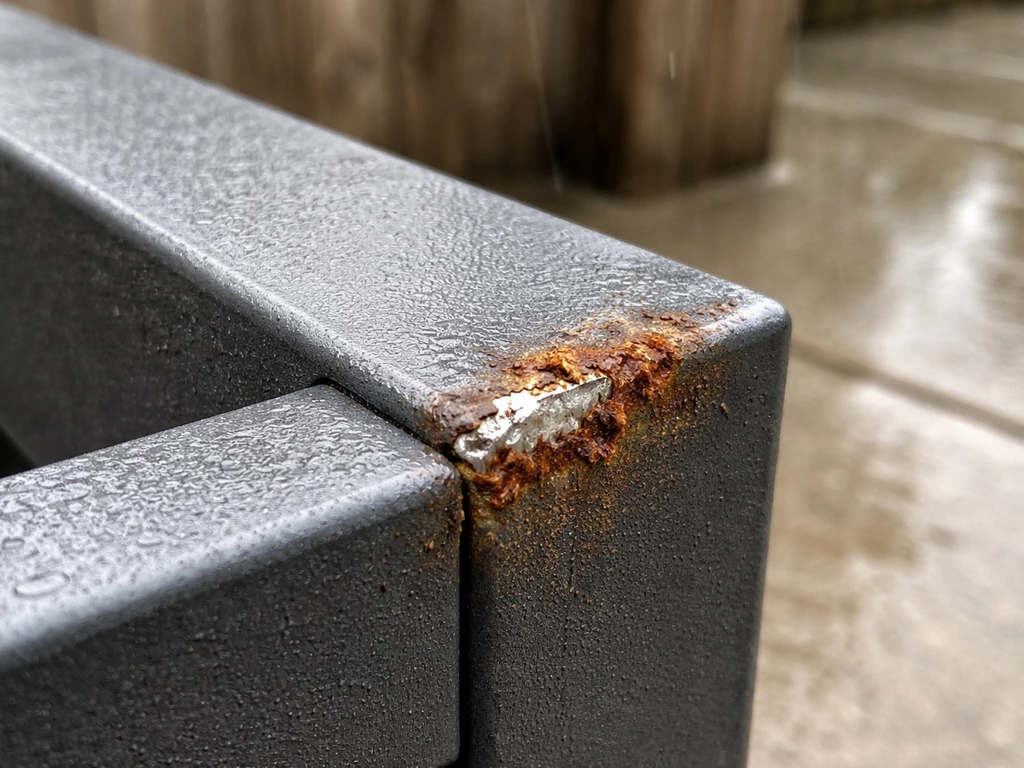 Close-up of chipped powder-coated steel outdoors with orange rust spreading from the scratch.