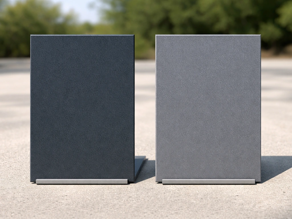 Two side-by-side powder-coated metal panels showing UV fading differences in sunlight.