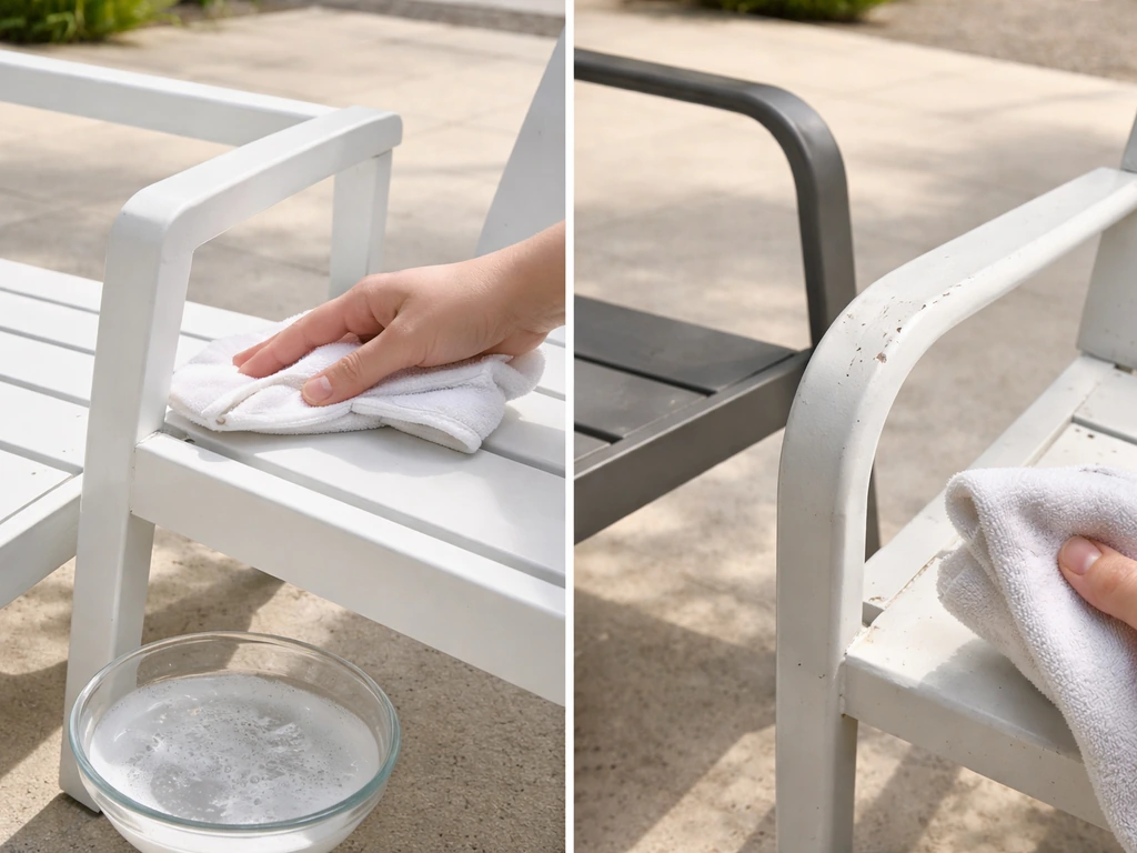 Aluminum chair being wiped with soapy cloth beside powder-coated steel showing small chips and scratches.