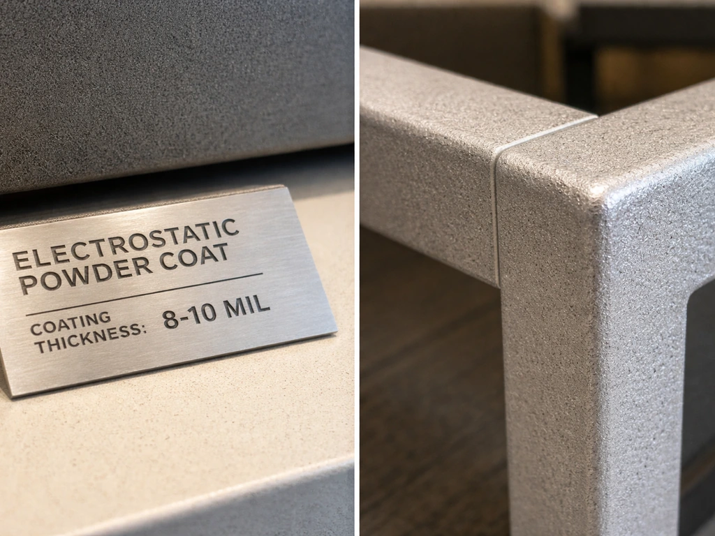 Close-up of a powder-coated steel spec label and an aluminum frame corner showing cast texture cues.