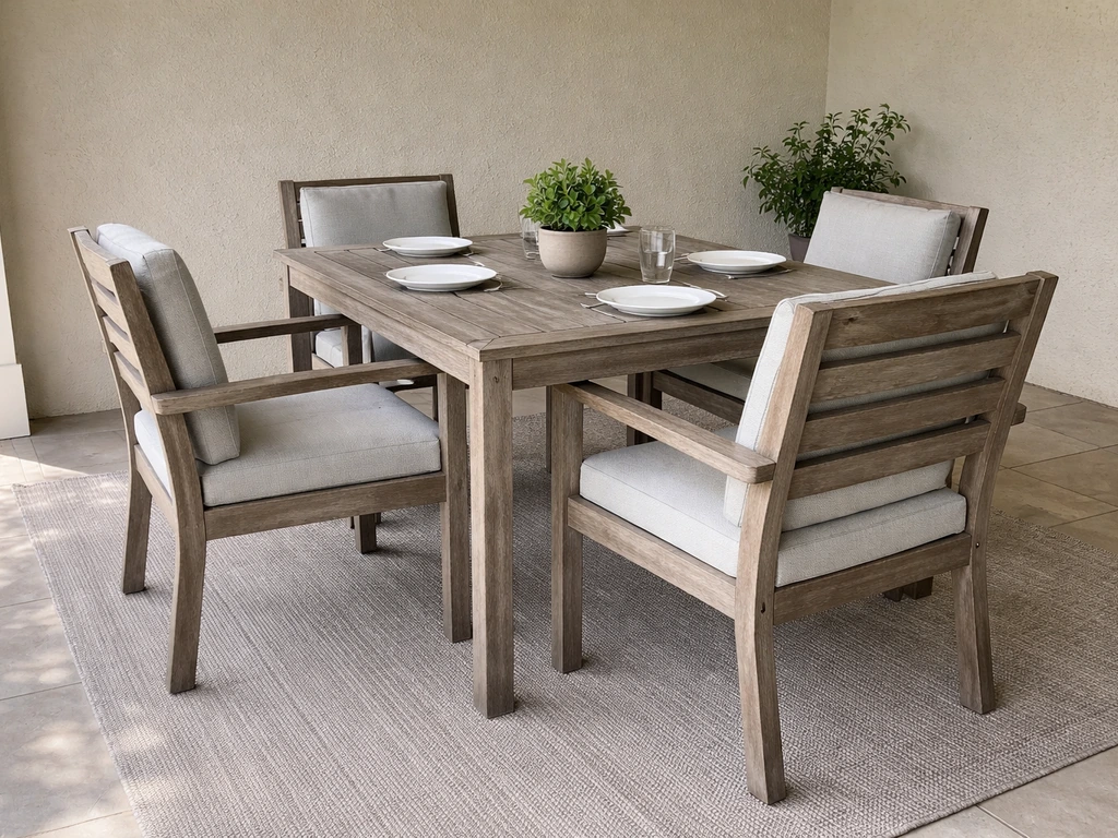 Outdoor patio dining setup with table and chairs in a covered area, showing layout and scale.