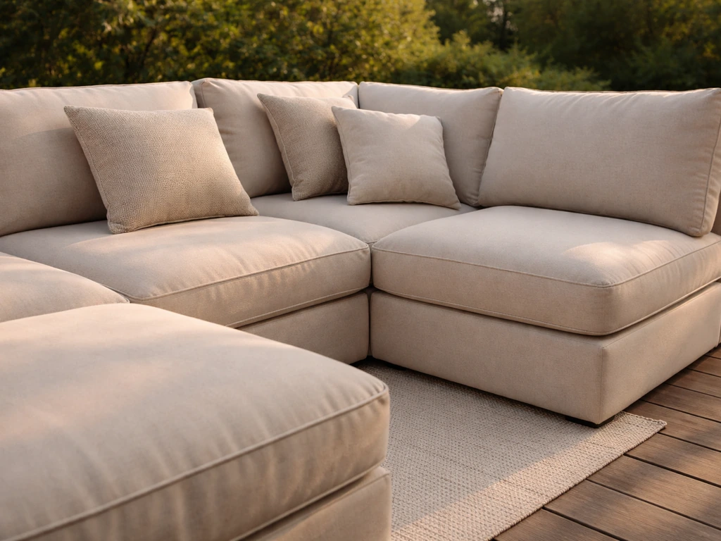 Outdoor patio deep-seat sectional lounge with thick cushions arranged like a living room.