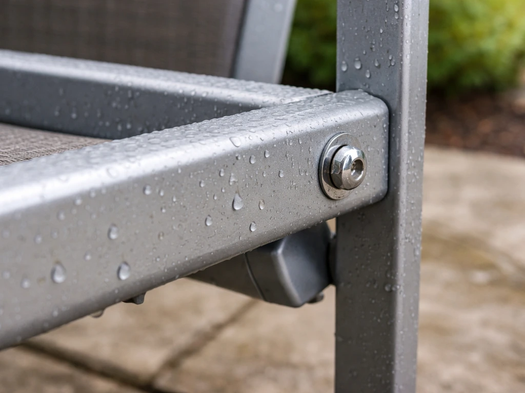 Close-up of powder-coated aluminum patio furniture joints showing weathered moisture protection details.