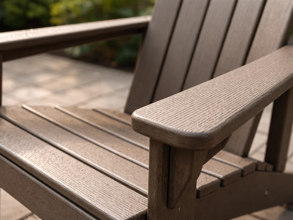 Close-up of textured Polywood/HDPE patio slats and armrest with realistic plastic-wood grain.