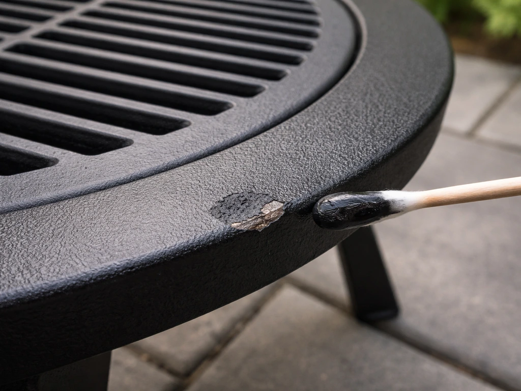 Close-up of a coated cast-iron patio grill grate with a small chipped spot showing rust prevention.