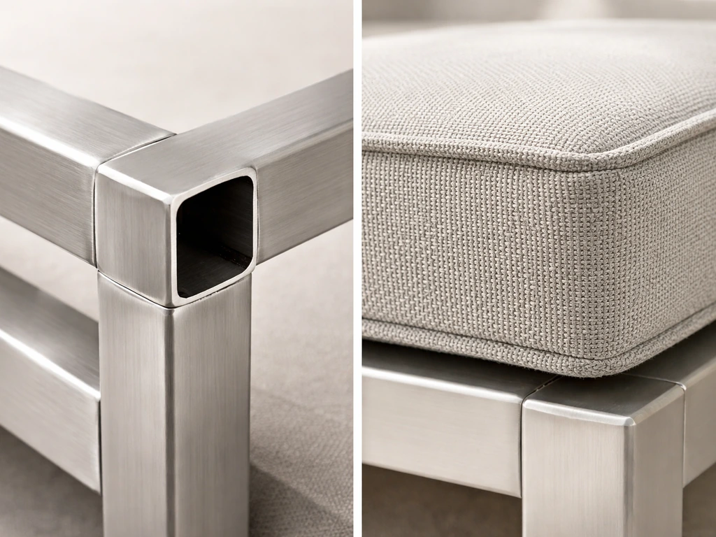 Close-up comparison of aluminum frame welds and cushion foam/fabric texture for pre-purchase quality checks.