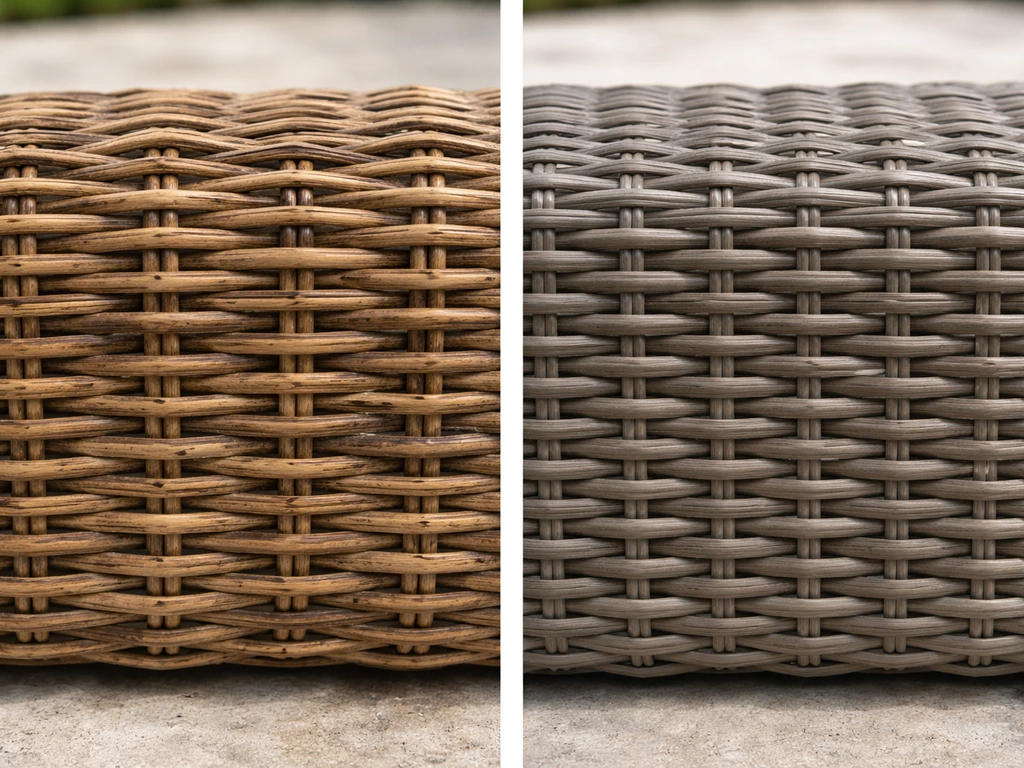 Side-by-side close-up of natural rattan and PE resin wicker showing distinct textures and finishes.