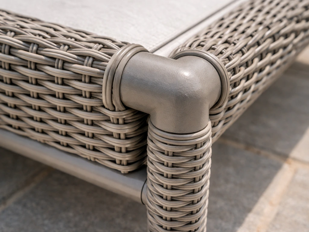 Close-up of powder-coated aluminum frame with thick-wall tubing and tight coastal wicker weave