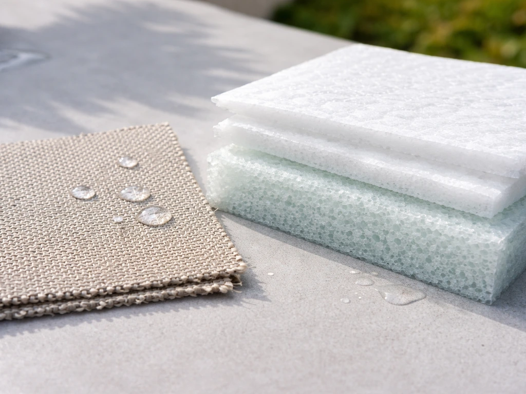 Close-up of outdoor cushion fabric and foam layers with water droplets on solution-dyed acrylic.