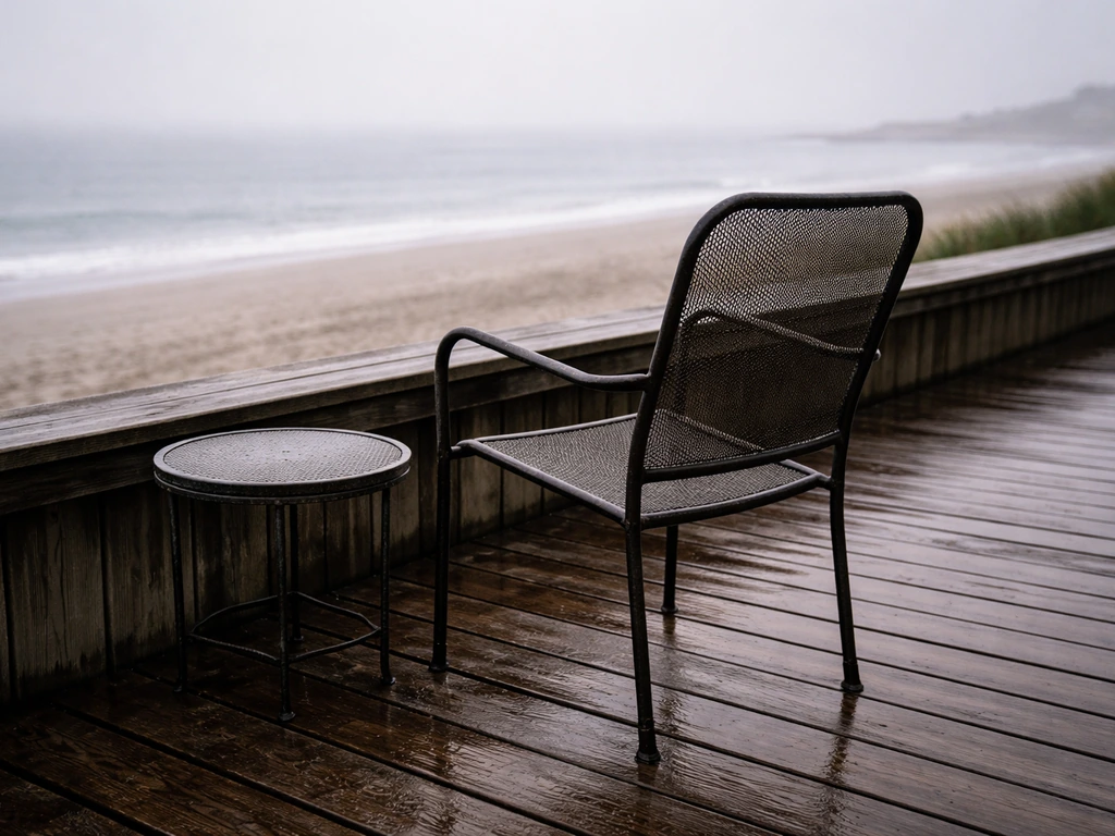 Weathered rusted metal patio furniture on a Cape May boardwalk with sea mist and ocean horizon behind.