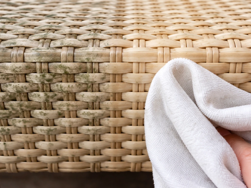 Close-up of wicker strands showing mildewed spots being wiped clean with a vinegar-water treatment