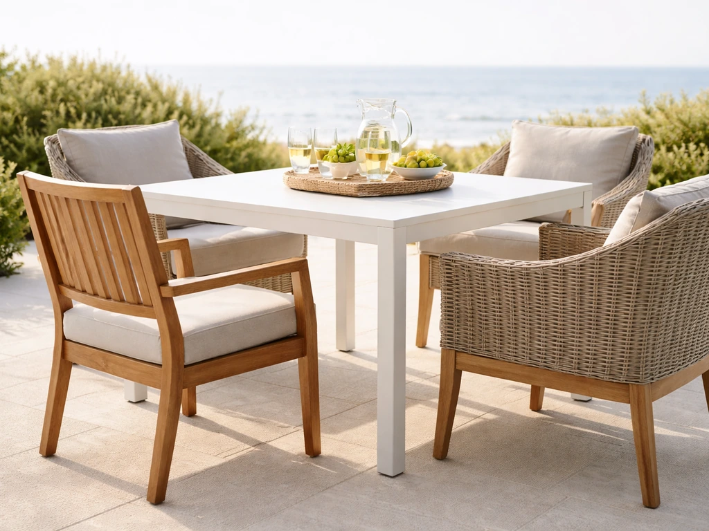 Bright coastal patio featuring rust-resistant aluminum and teak furniture with clean non-corroded surfaces.