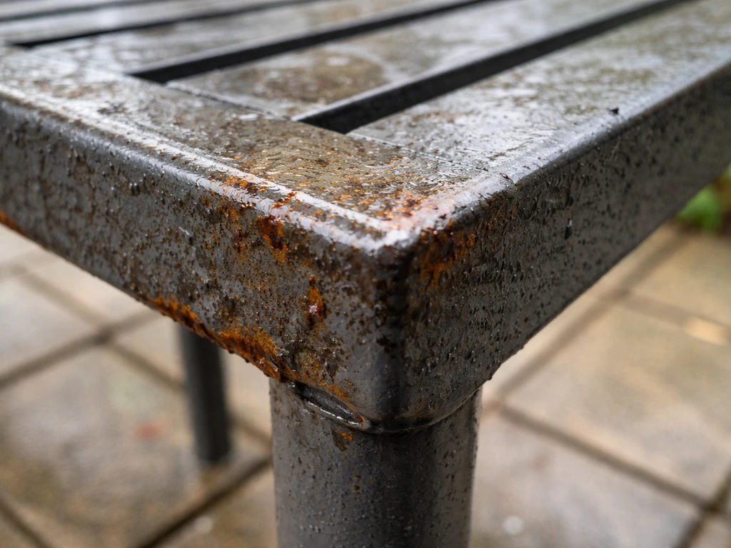 Close-up of a steel patio furniture corner with early rust at seams, scratches, and underside edge.