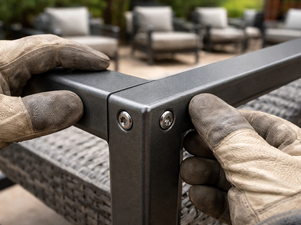 Close-up of hands inspecting patio furniture frame coating and stainless fasteners outdoors.