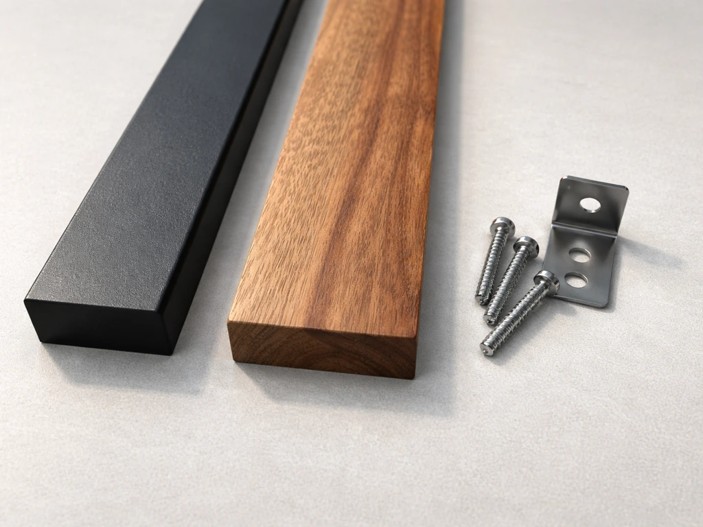 Closeup comparison of powder-coated aluminum frame, teak slats grain, and stainless hardware pieces side by side.