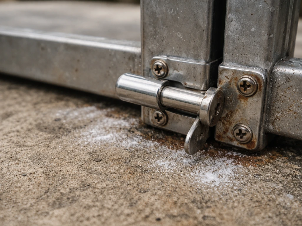 Patio metal hardware with white salt residue and early rust, showing coastal corrosion from salty air.