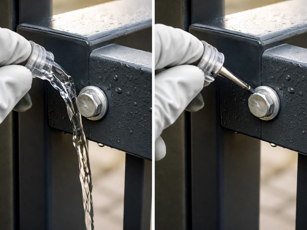 Gloved hand rinsing and touch-up painting a chipped powder-coated area near a bolt on a metal railing.