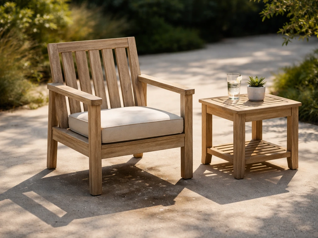 Teak outdoor chair and small table showing sun/shade contrast and subtle weathered wood grain outdoors.