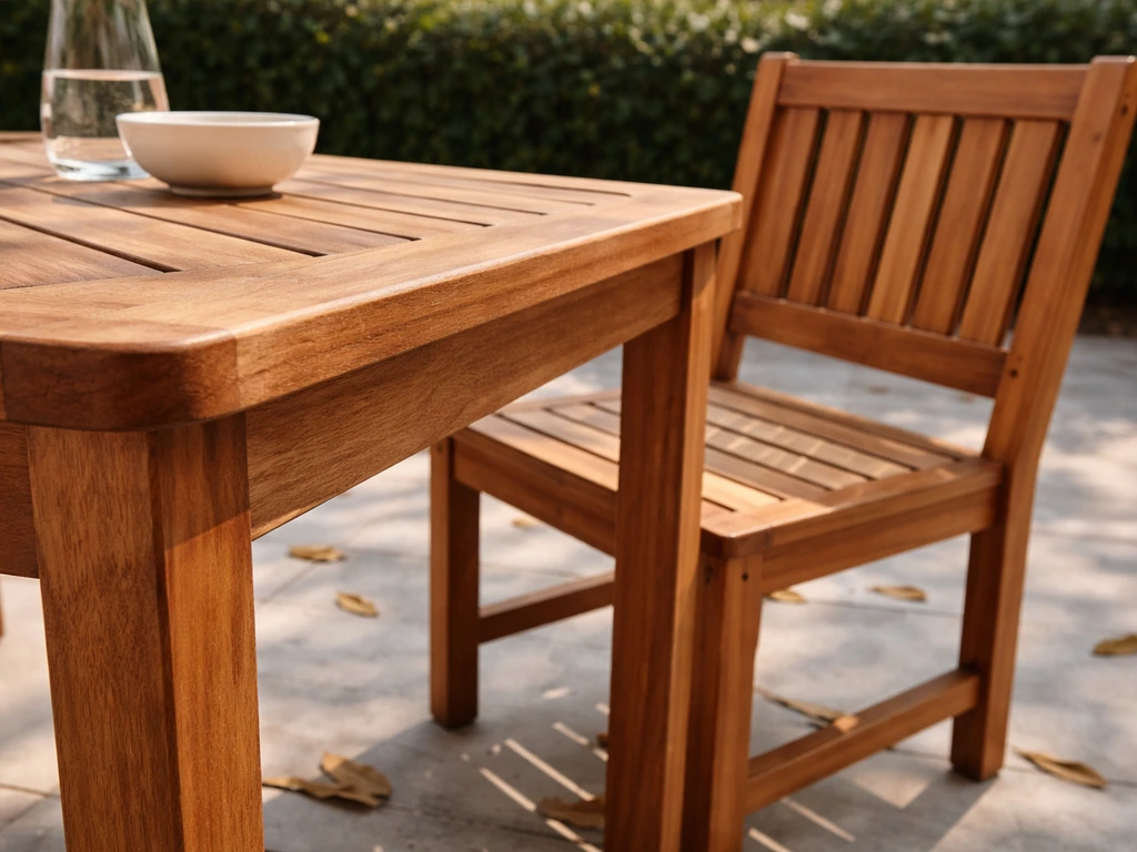 Eucalyptus patio table and chair in bright sun, showing dense wood grain and natural texture.