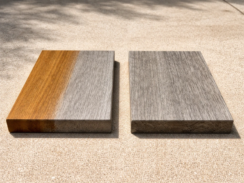 Two untreated wood samples on a sunlit patio weathering into soft silver-gray