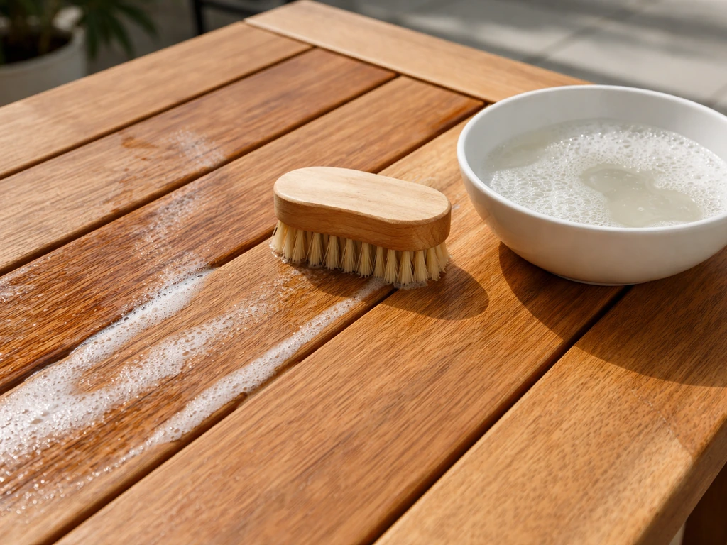 Close-up of teak wood being cleaned with mild soap and a soft brush, no oil applied.
