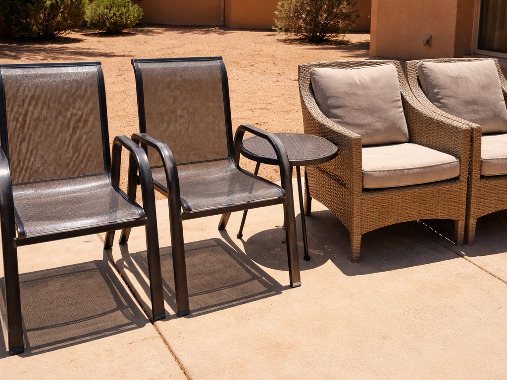 Sunlit patio where shiny powder-coated metal looks uncomfortably hot, while resin wicker looks more usable.