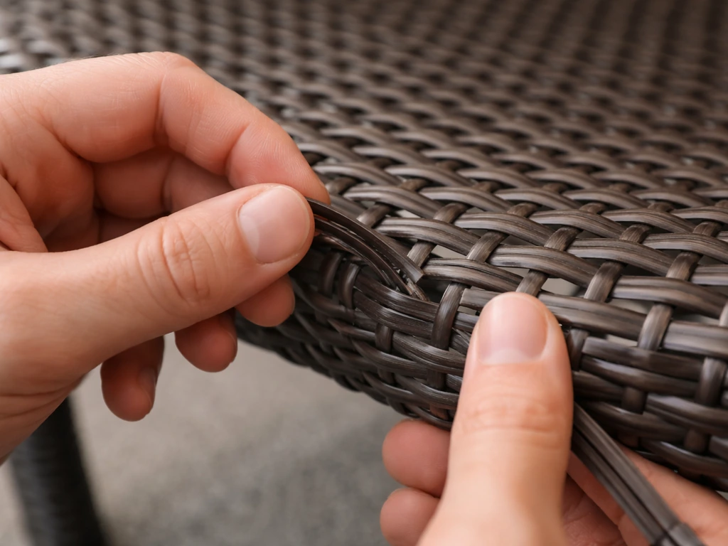 Close-up of hands reattaching a loose synthetic resin wicker strand at a seat edge.