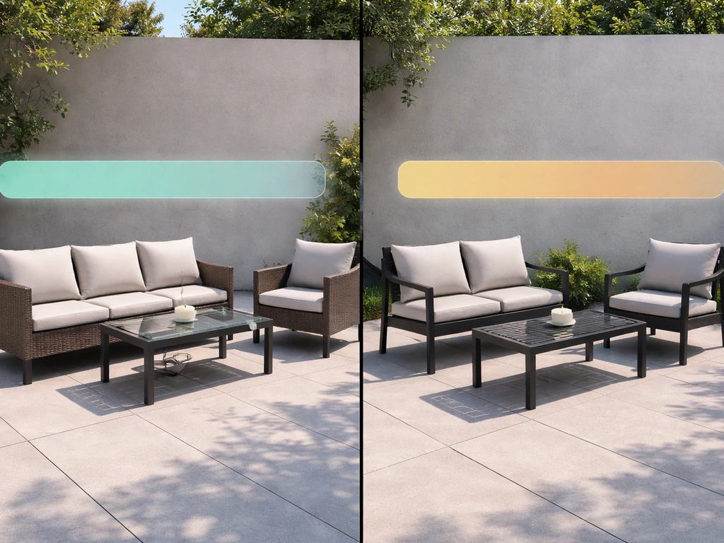 Two side-by-side patio furniture sets: resin wicker on aluminum vs steel, with abstract lifespan overlay bands.