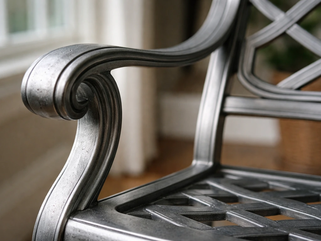 Close-up of a cast aluminum chair frame showing smooth curved details and solid decorative casting