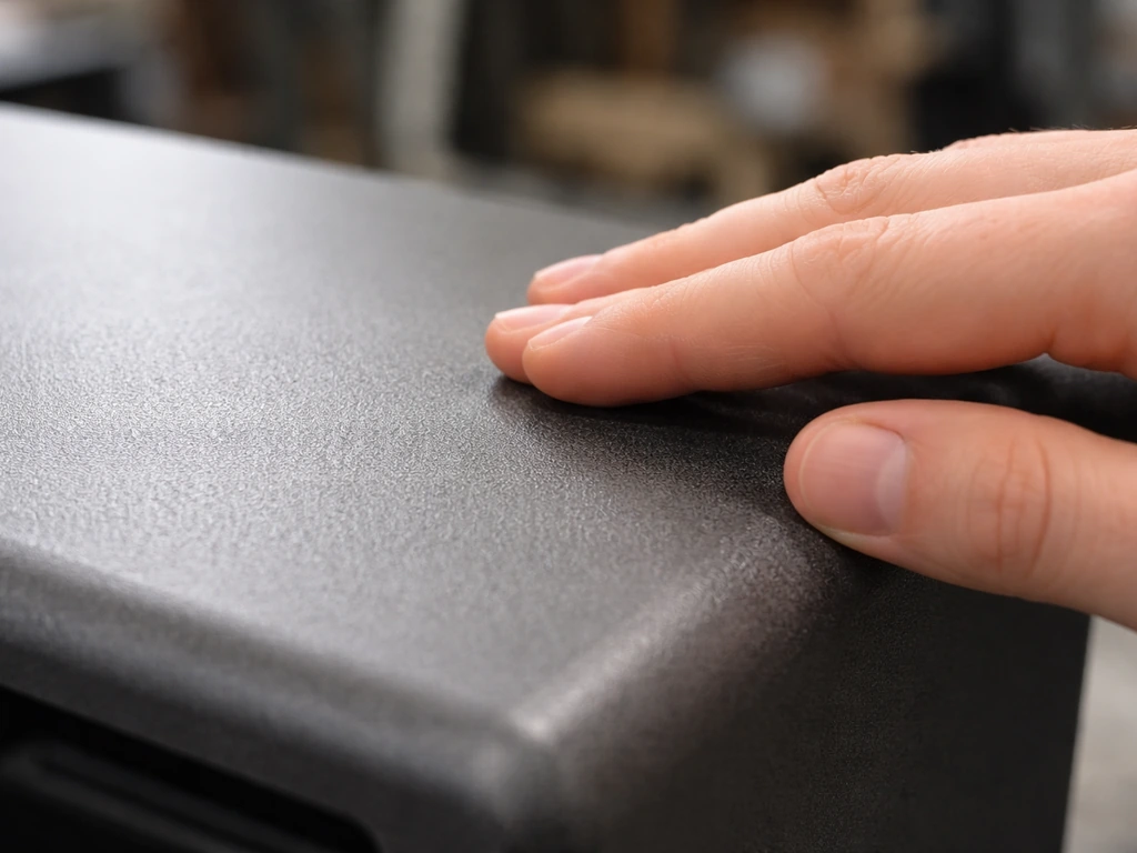 Anonymous hand glides over a matte powder-coated aluminum surface, showing a smooth, uniform finish.