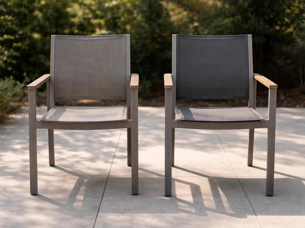 Minimal dining set in a sunlit backyard, worn frame vs a newer chair side detail