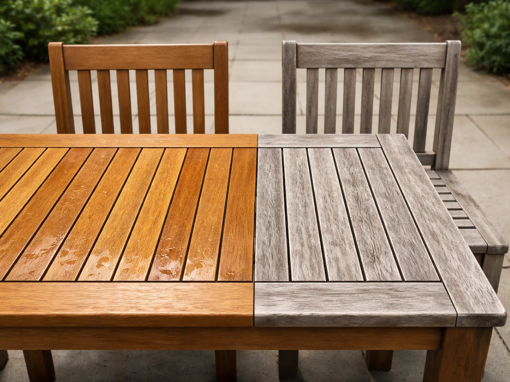Teak patio table and chairs showing fresh cleaning side by side with naturally weathered silver-gray aging.