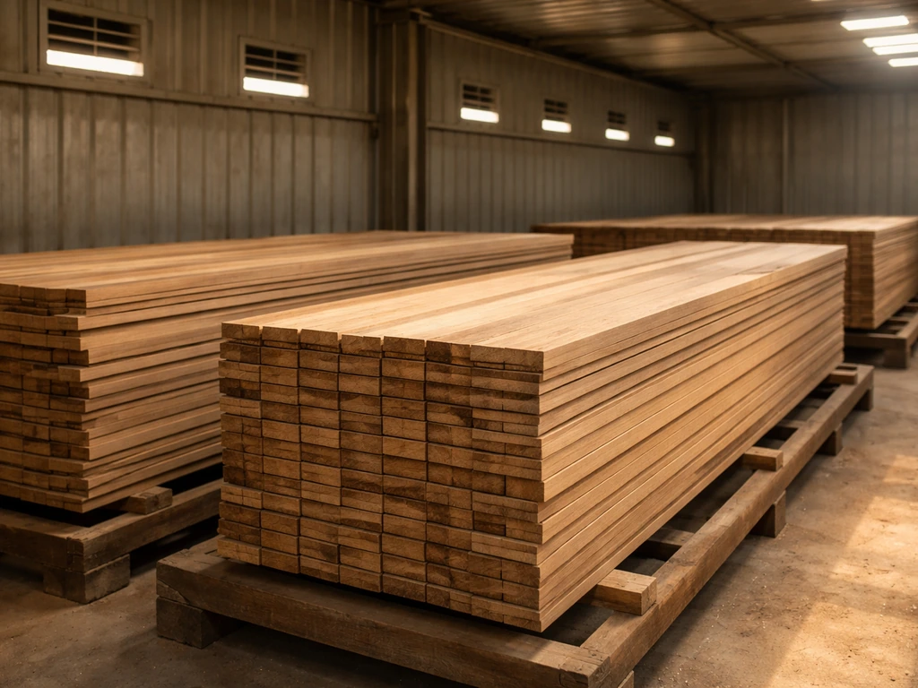Kiln-drying facility with stacked teak boards and warm ventilation, showing properly dried wood ready for milling.