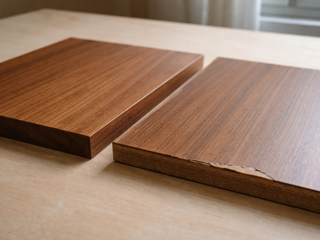 Close-up of two simple tabletop panels: solid teak with intact grain and veneer showing thinning and peeling edges.