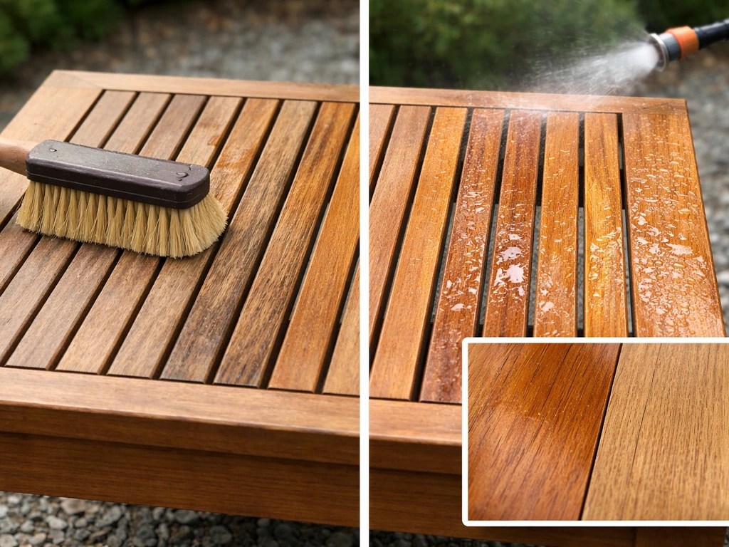 Teak furniture slats being brushed clean and rinsed, with a subtle oil vs sealer wood texture comparison.