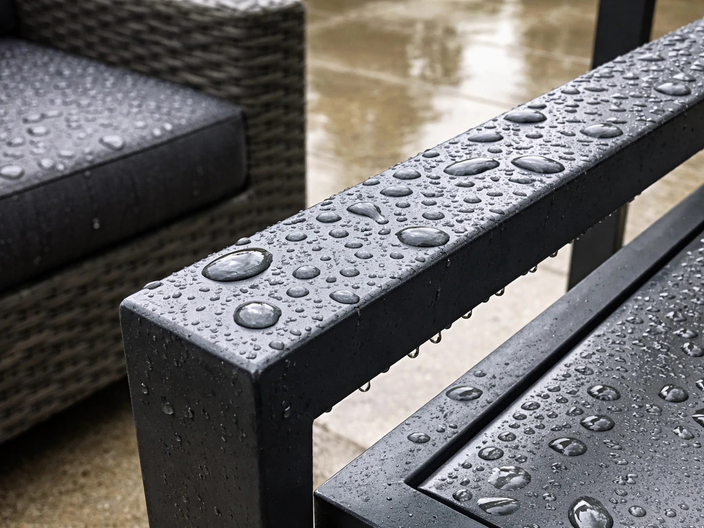 Water beads on powder-coated aluminum outdoor furniture while nearby wicker holds more rain moisture.