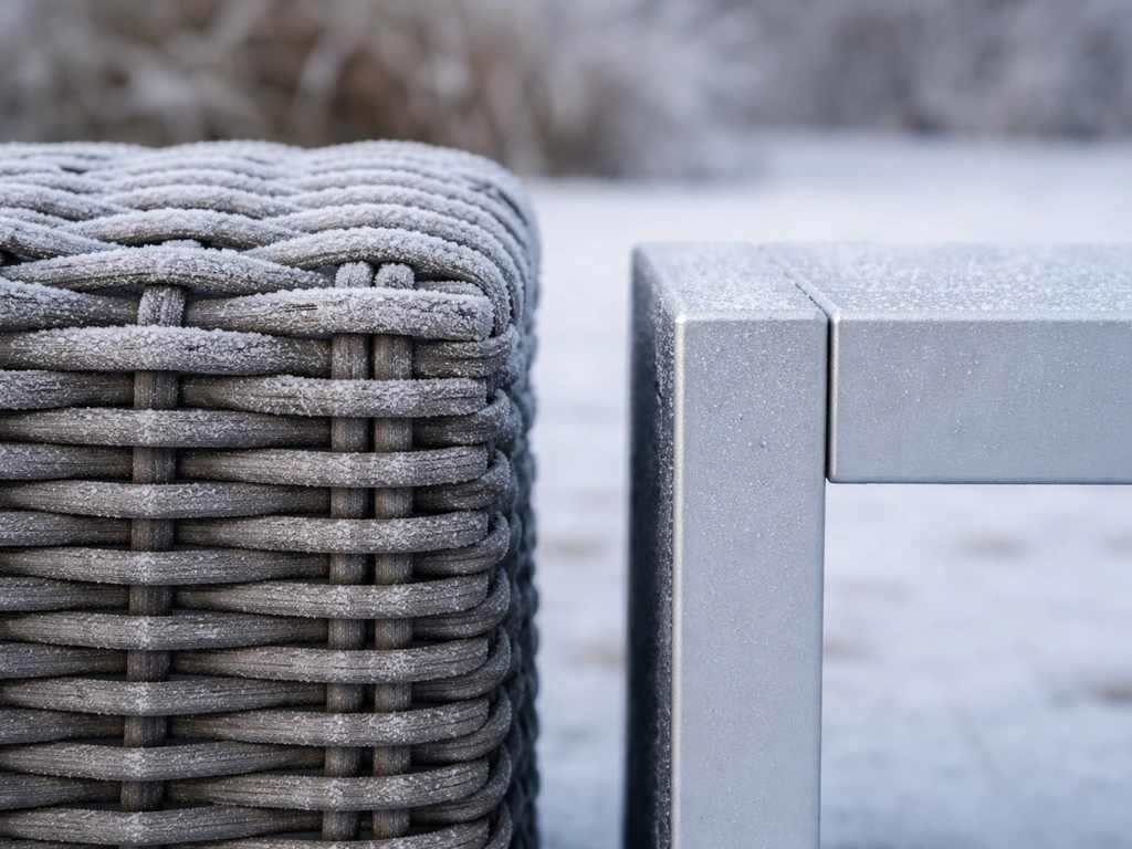 Frosted resin wicker chair strands look rigid beside an aluminum frame that holds steady in freezing air.