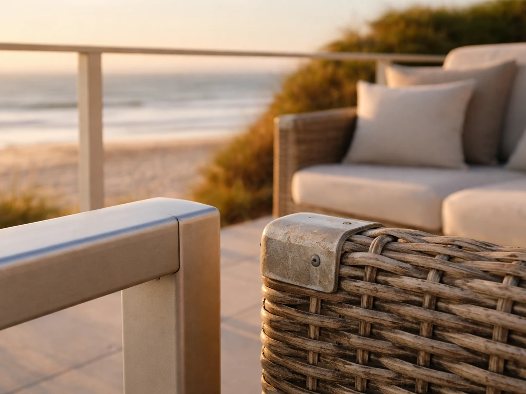 Near-beach patio with a clean aluminum railing beside a slightly weathered metal component in salty air.
