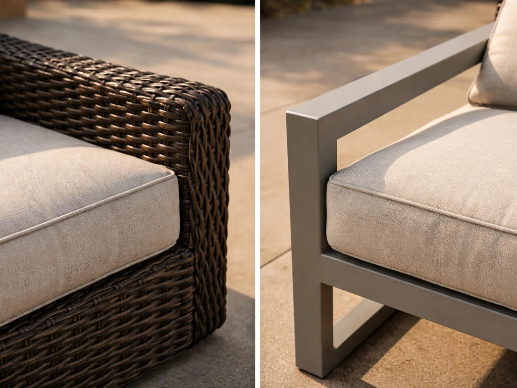 Side-by-side close-up of resin wicker weave with plush cushions and aluminum-framed seating with soft cushions.