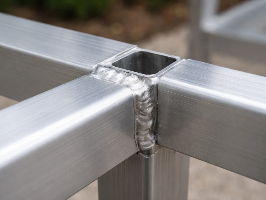 Close-up of aluminum patio furniture frame tubing showing thickness and well-formed welded joints