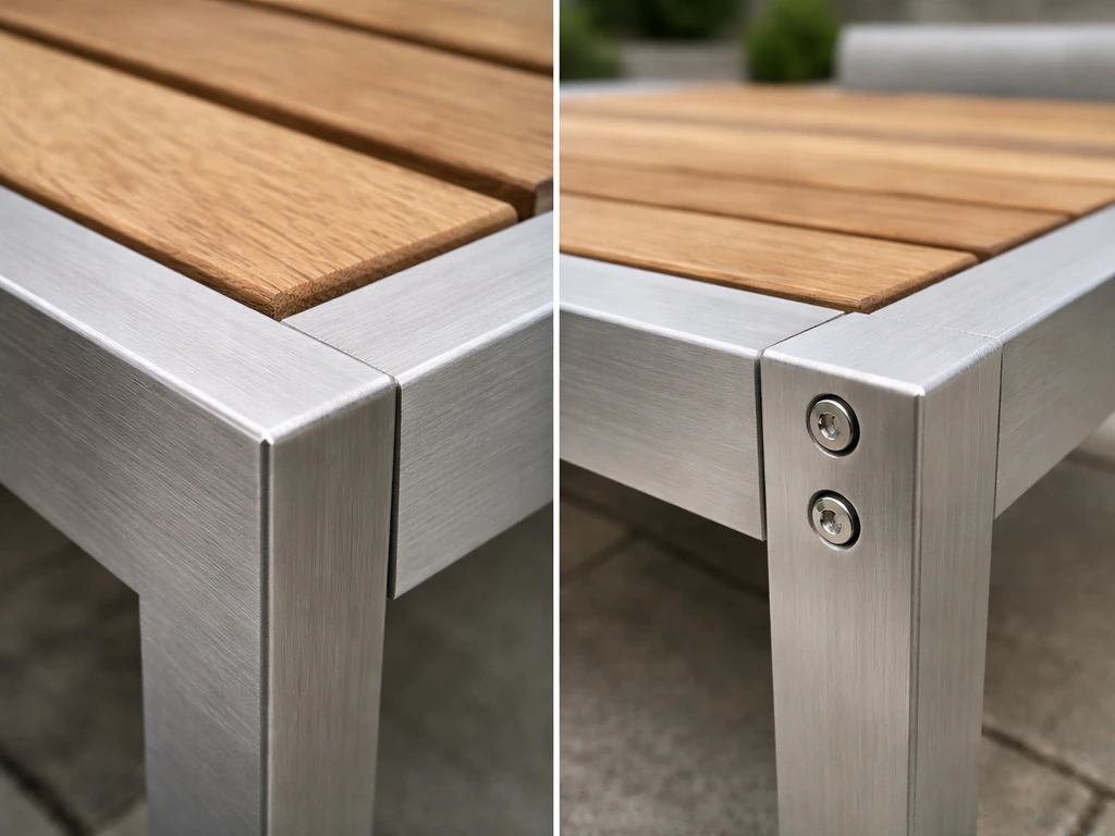 Split-view close-ups of marine aluminum frame and teak slats with weather-resistant joinery.